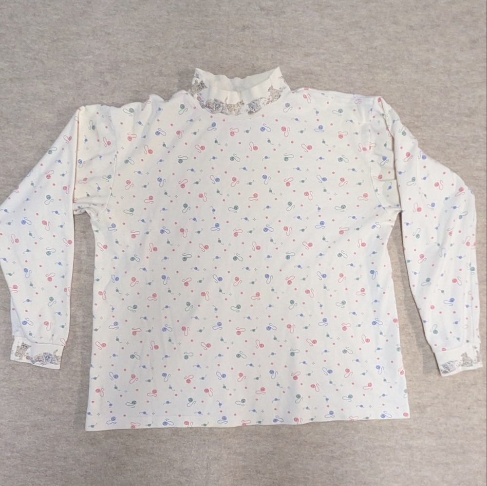 Cutest Cat Kitten Yarn Mockneck Vintage Cream Long Sleeve Top XL Illustrated